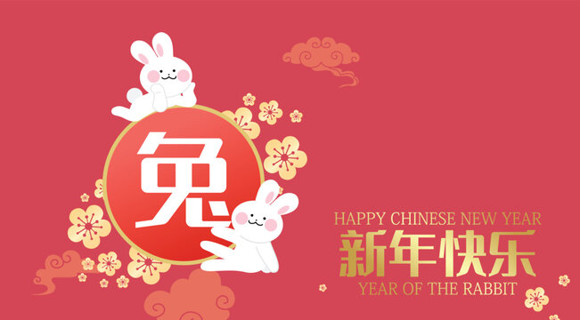 Two cute rabbits couple lunar new year illustration. Chinese character of rabbit for chinese new year greeting card. Two playful rabbits for spring festival 2023.