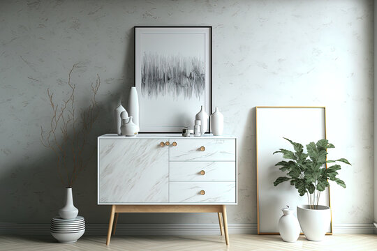 Japandi living room in white and bleached tones. Wooden chest of drawers with wall mockup. Marble floor and wallpaper. Modern interior design, 3d illustration. Generative AI