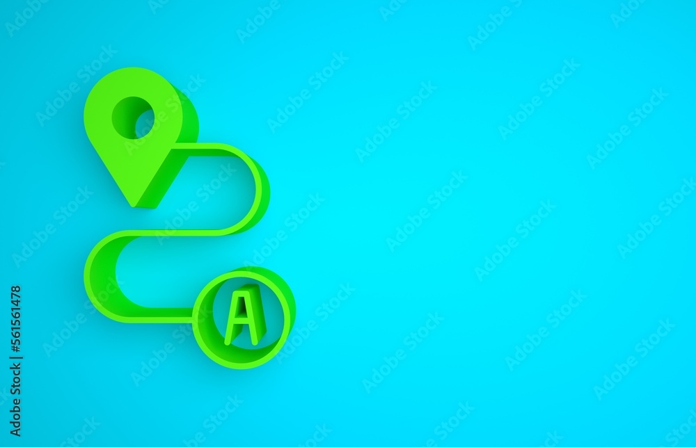 Poster green route location icon isolated on blue background. map pointer sign. concept of path or road. gp
