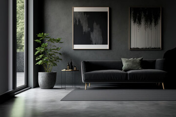 Dark living room interior with sofa, side view, carpet on grey concrete floor. Shelf and coffee table with art decoration. Mockup empty wall. Generative AI