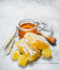 Natural honey in honeycombs.