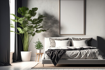 Modern bedroom with an empty vertical picture frame on the floor. interior design mockup in a modern aesthetic. Poster or photo space is available. Couch, bed, and cotton plant. Generative AI