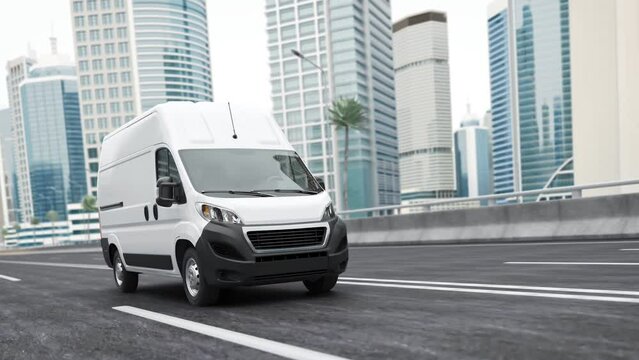 Delivery van in the city. Express delivery, shipping and logistics concept. 3d video animation