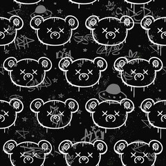 Graffiti and bear seamless pattern wallpaper art.Vector graphic background illustration.Graffiti lettering,dead bear toy,urban art seamless pattern wallpaper print concept