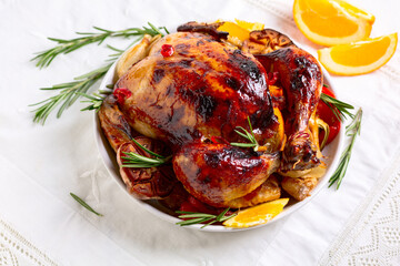 Crispy chicken baked with oranges.