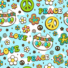 Cute cat,peace hippie symbol in flower seamless pattern. Vector hand drawn kawaii trendy cartoon illustration.Hippie cat,60s,70s,groovy fashion print seamless pattern concept