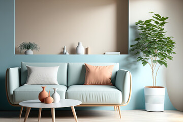 Modern interior of living room with sofa on blue free space scene. Light beige sofa and armchair, coffee table. Spring Summer house concept , . Neutral interior mockup. Generative AI