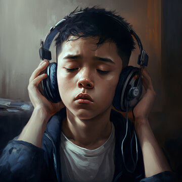 painting of a child listening to music with headphones generative ai
