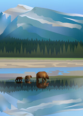 Landscape with lake, mountains, bears. Vector gradient illustration.
