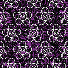 Graffiti and flower seamless pattern wallpaper art.Vector graphic background illustration.Graffiti lettering,dead flower,urban art seamless pattern wallpaper print concept