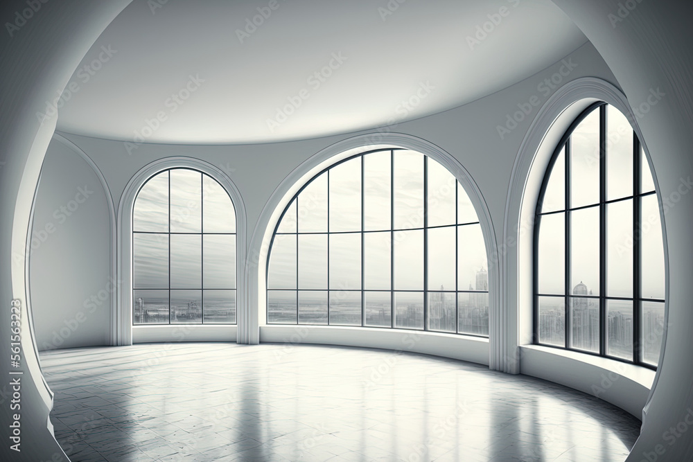 Poster architecture background empty interior with curved wall of panoramic windows. generative ai