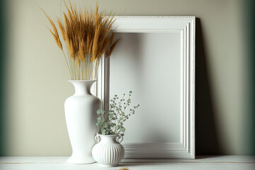 Beautiful interior design still life image. On an ancient wooden seat, a vase with grass and dry reed. Mockup of a white, empty photo frame. Background and decoration of wall moldings. blank copy spac