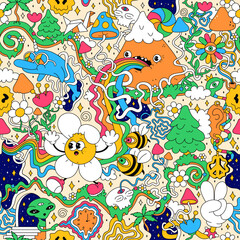 Psychedelic trippy seamless pattern art.Mushroom,magic wizard smoking,melt smile face.Vector cartoon hippie illustration doodle.Trippy 60s,70s,magic mushroom,acid seamless pattern art concept