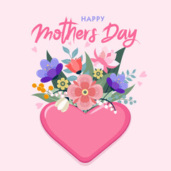 Mother's day greeting card with a bouquet of beautiful flowers with a big pink heart on pink background