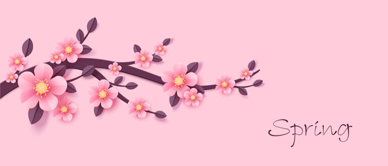 Sakura branch. Pink flowers. Paper art style. Cherry blossoms. Spring art vector illustration.