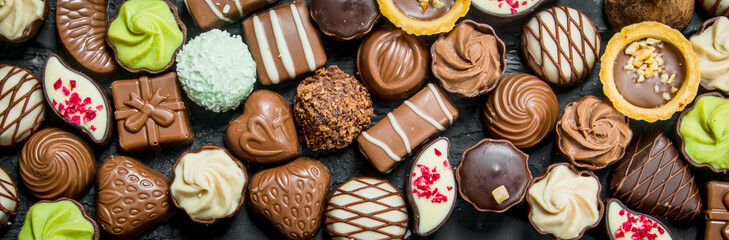 Chocolates candies with different fillings.
