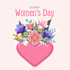 Greeting card for women's day on March 8 with a bouquet of beautiful flowers and a big pink heart on a pink background