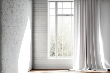 Fototapeta na wymiar bright wall mockup, , 3d illustration, White empty minimalist room interior with wooden floor , brick wall and white wall living room, white landscape in window with curtains. Generative AI