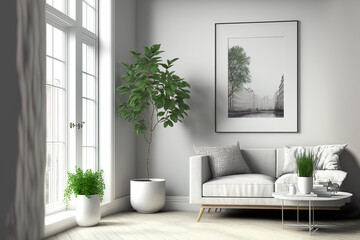 Modern minimalism, scandinavian style, living room interior, empty wall, , 3d illustration. Generative AI