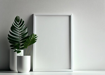 Interior poster, plant pot,flower in room with white wall. 3d render