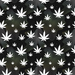 Weed leaf and warp grid seamless pattern. Vector wallpaper illustration