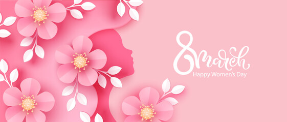 8 March. International Women's Day greeting card. Paper art pink flowers, leaves, woman silhouette. 