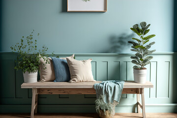 a chic home mock up in a farmhouse style, with an empty blue background wall, a wooden rustic bench, and a green plant,. Generative AI