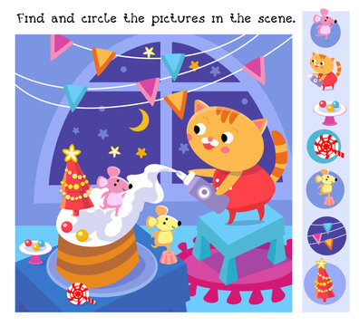 Find and circle objects. Educational puzzle game for children. Cute kitten making Christmas cake. Cartoon cat character in room. Vector illustration.
