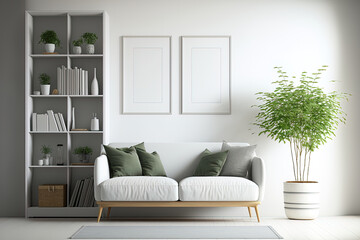 Front view of a light filled living room with a sofa, a white wall, a bookshelf, a vase, books, a concrete floor, and a carpet. minimalist design principle. a mockup. Generative AI