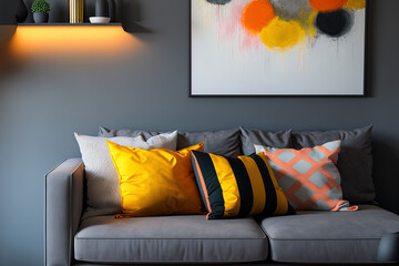 Comfortable grey Scandinavian sofa with yellow, orange, black, and brown pillows is in a colorful living room with abstract wall art. Generative AI