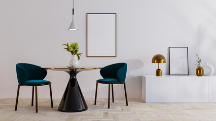 Modern living room with chairs, table, dresser, lamp and poster mockup. Interior with white wall. 3d mockup with pictures on the wall.