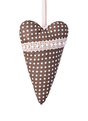 Handmade fabric hearts decorating with lace ribbons and beads isolated PNG. Valentine's day concept. Symbol of love. Long brown heart with a white dot on a satin ribbon. Creative diy craft hobby.