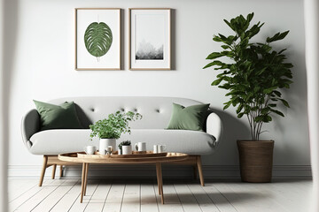 Above a green sofa with pillows and a wooden wall in a white and wooden living room is a mockup canvas frame. White coffee table with plates, a plant, and a minimalist couch. Generative AI