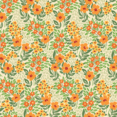 Seamless floral pattern, artistic flower print with vintage motif. Cute ditsy design: hand drawn garden, small wild plants, yellow flowers, leaves on white background. Vector botanical illustration.