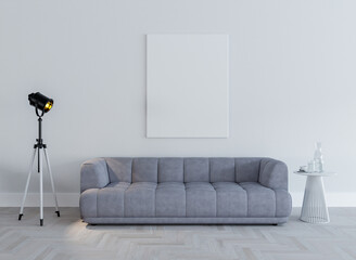 Modern living room with grey sofa, pictures on the wall, lamp. Mockup with canvas.
