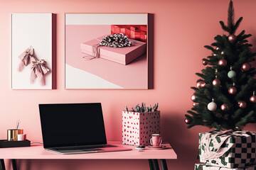 Workplace with laptop and Christmas gifts near pink wall in office. Generative AI