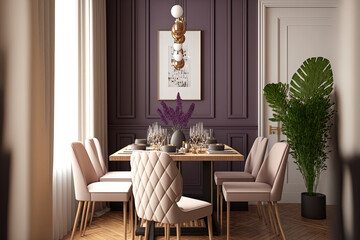 Classic scandinavian dining room in purple and beige tones. Wooden table with chairs, parquet and frame mockup. Japandi interior design, 3d illustration. Generative AI