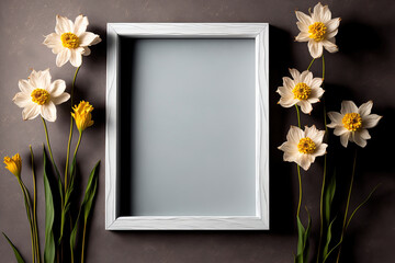 Wooden frame mockup with narcissus flowers over grey wall, blank mockup for artwork presentation. Generative AI