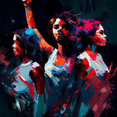 painting of feminist women in power pose with raised fists fighting for women's rights, painting, generative ai
