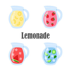 A set of fruit lemonades in glass jugs on a white background, refreshing summer drinks. Strawberry, lemon, watermelon, mojito