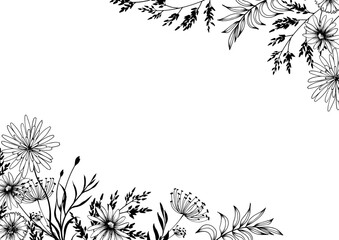 Floral frame with decorative wildflowers. Hand drawn black and white vector illustration. - 561569094