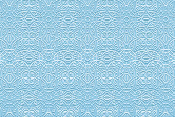 Embossed luxurious blue background, ethnic cover design. Press paper, boho style. Geometric tribal abstract 3d pattern. Handmade elements of the peoples of the East, Asia, India, Mexico, Aztecs, Peru.