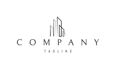 Vector logo on which an abstract image of a high-tech skyscraper in a linear style.