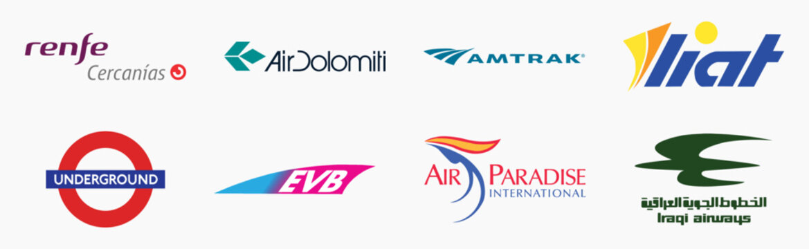 Transport Brands Logos Collection. Iraqi Airways, Air Dolomiti, Amtrak, Air Paradise International, EVB, Renfe Cercanias, Renfe Cercanias, Etc. Editorial Vector Icon.