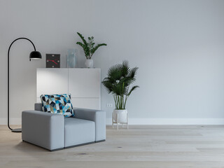 Modern living room with grey armchair, dresser, plants and empty wall. Interior with white wall. 3d render.