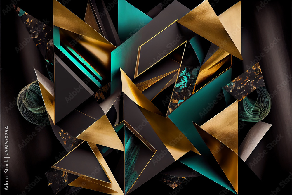 Poster abstract background with golden, green and gray geometric shapes with texture. generative ai