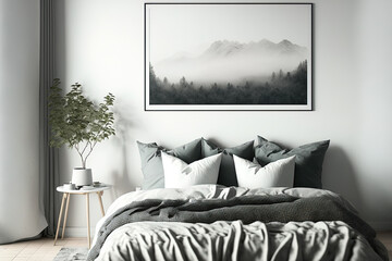 A double bed is in the bedroom's interior. Pillows in white and gray with gray bedding. Above the bed, there is a horizontal poster hanging. a mockup Toned picture. Generative AI