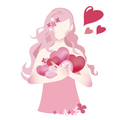 ピンクの髪の可愛い少女がハートを抱いているシルエットイラスト。