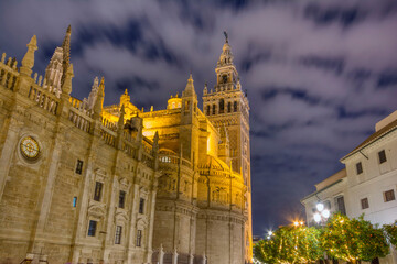 Night view of the Cathedral of Seville with its wonderful Giralda.
