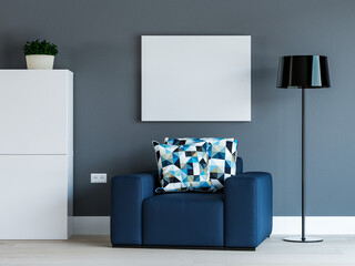 Modern living room with dark blue armchair, dresser, plants, lamp and empty canvas. Interior with grey wall. 3d render.